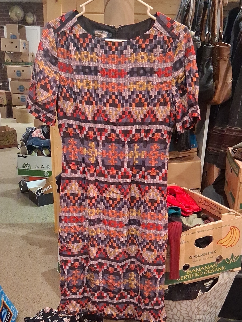 Pendleton Multicolor Geometric Midi Dress in Red, Orange, Purple, Yellow, Black